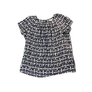 Banana Republic 100% Silk Blouse M Gray White Geometric Print Top Short Sleeve